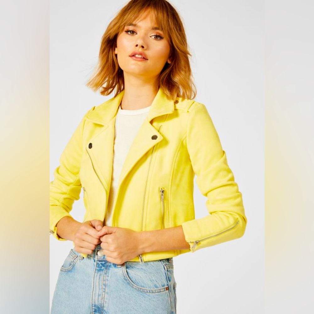 JustFab Cropped Faux Suede Moto Jacket Celandine Lemon Yellow Size Small NWT